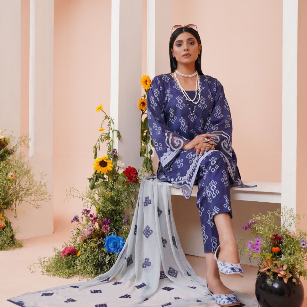 ব্লক প্রিন্ট থ্রি-পিস — নেভি